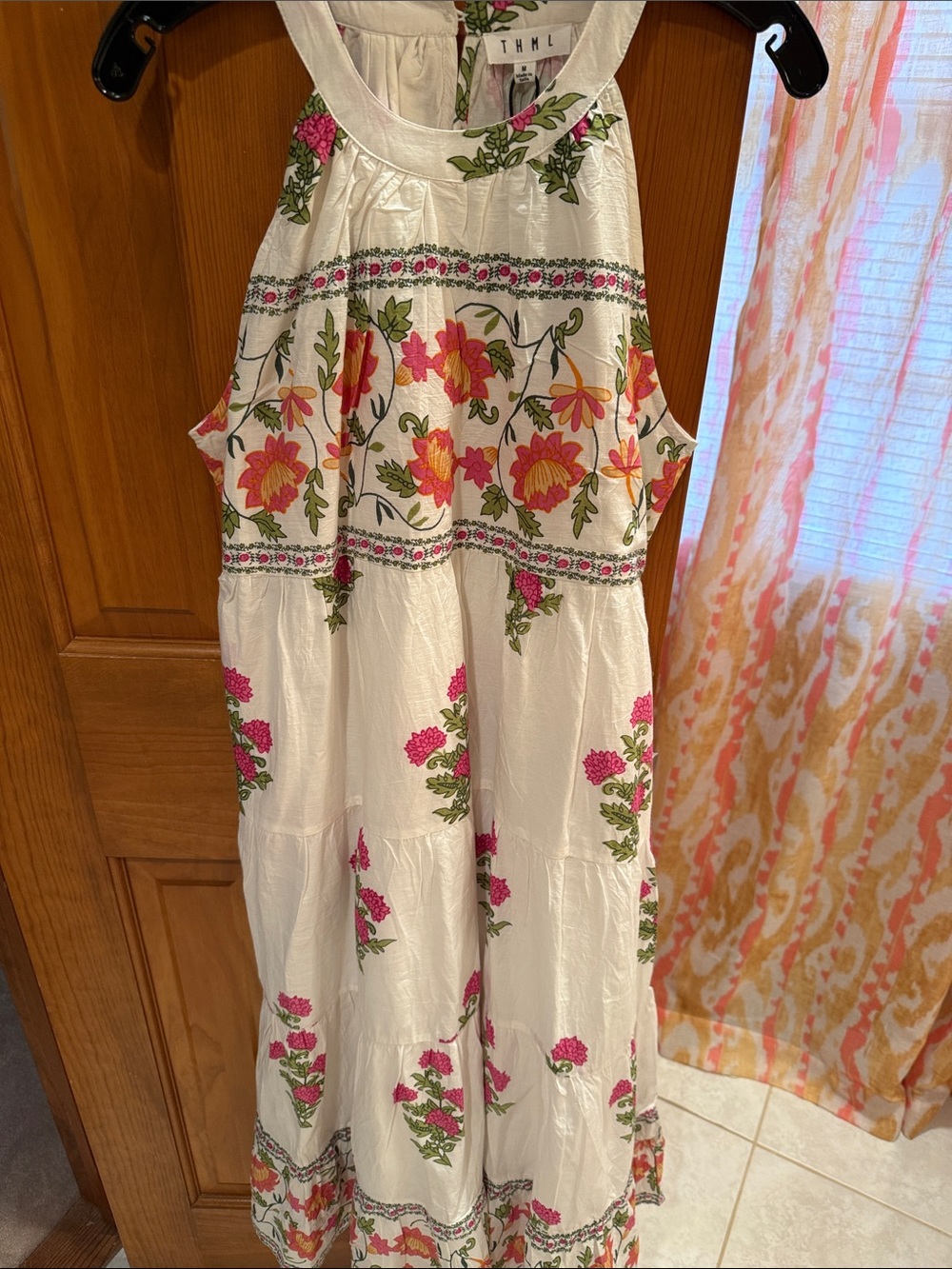 THML White Floral Halter Maxi Dress with Pink & Orange Accents